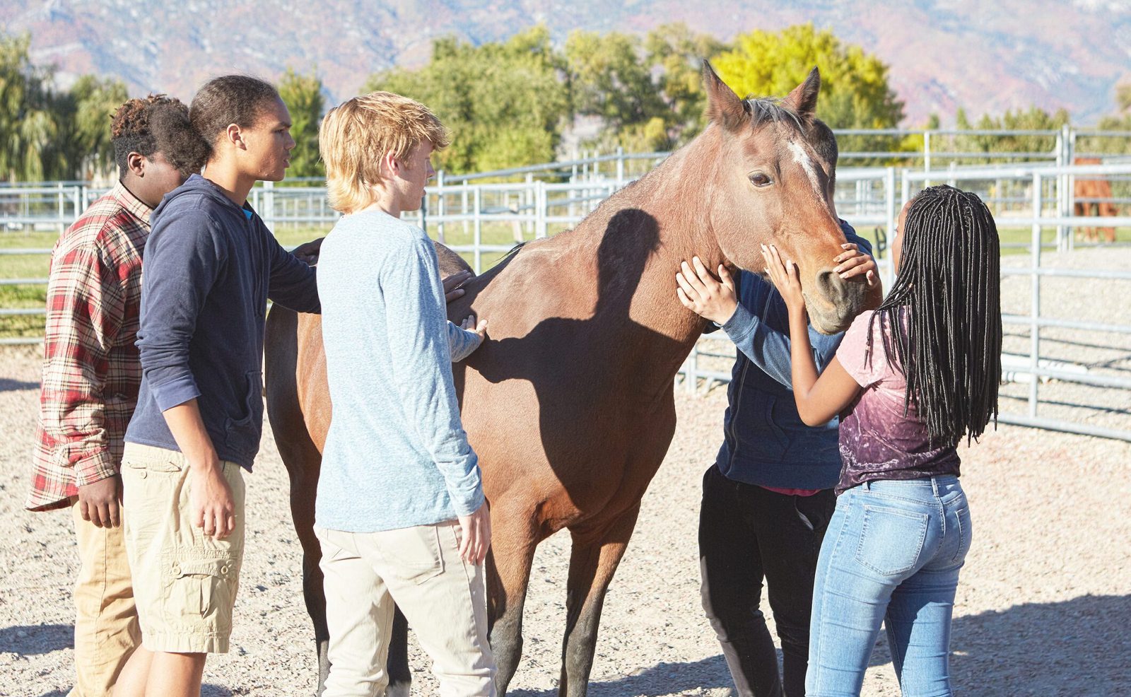 A group of young adults gathered around a horse in a riding area.