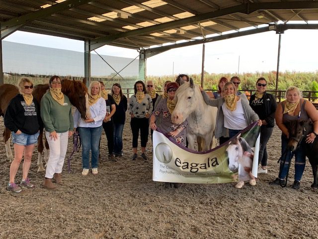 Group picture of people and horses in a covered arena holding an Eagala banner